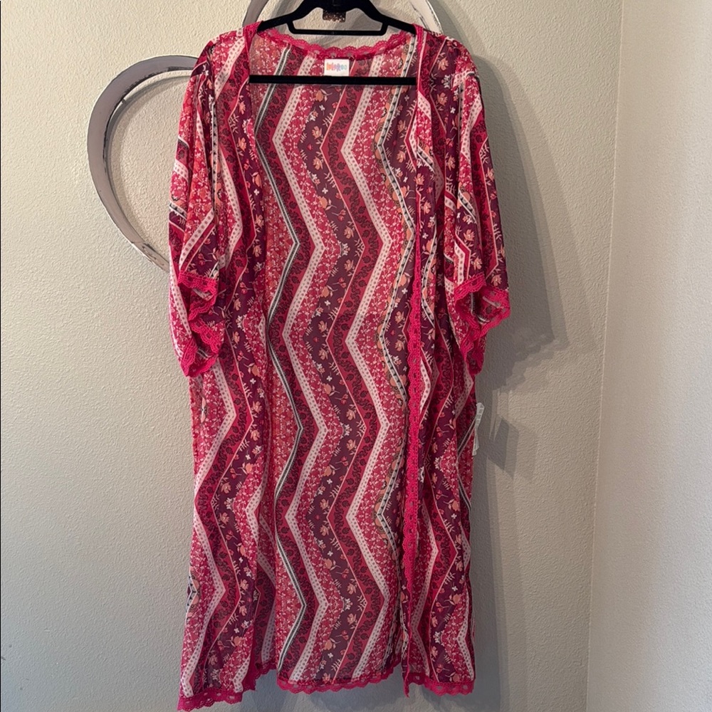 Lularoe Chloe Pink and Red Dolman Sleeve Overlay